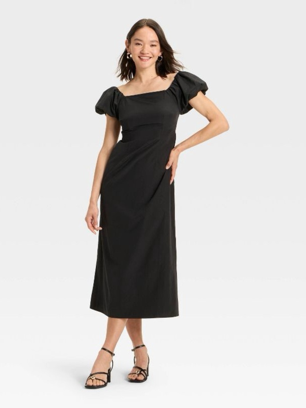 a new day Black Square-Neck Midi Dress with Puff Sleeves